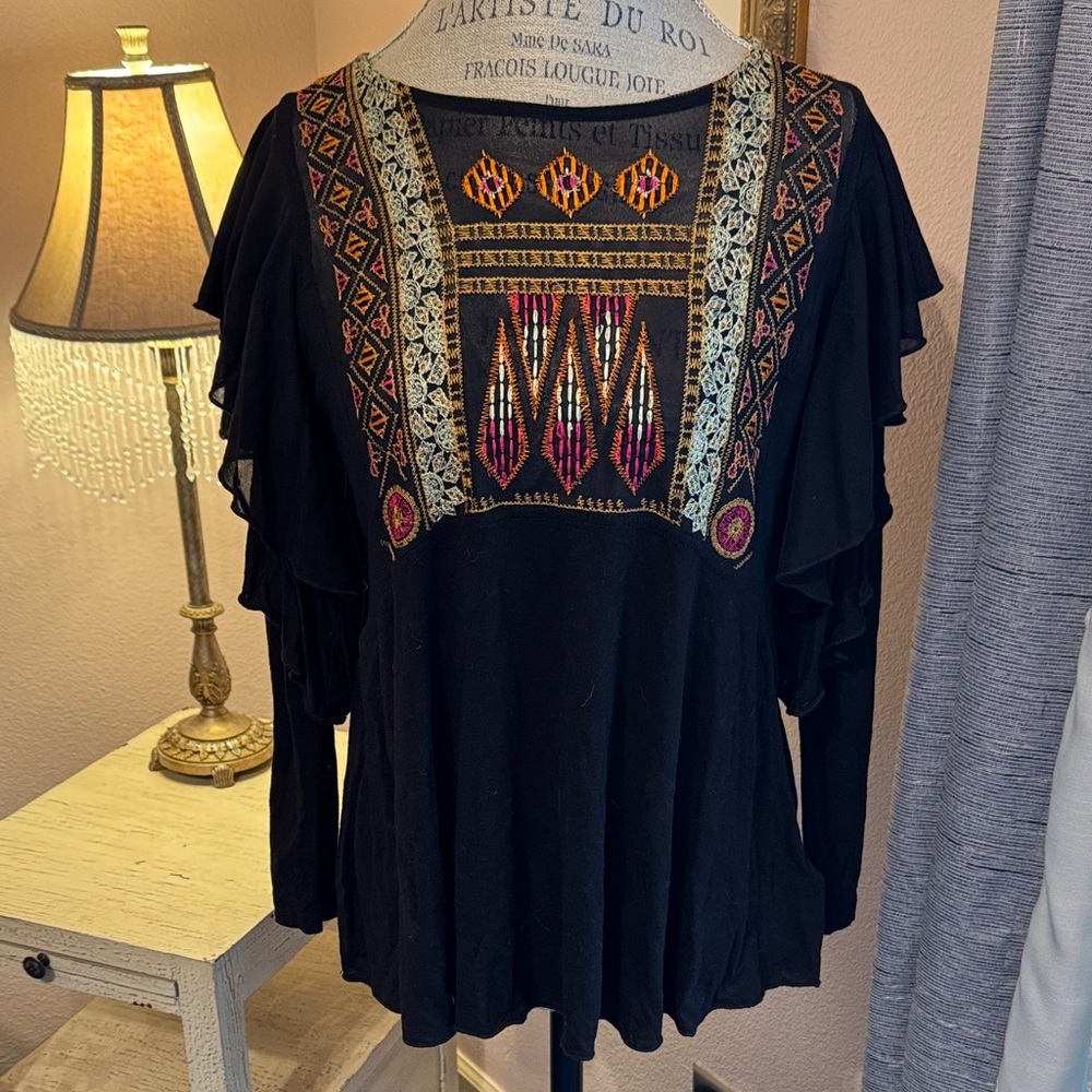 Free People Black Top with Colorful Embroidery